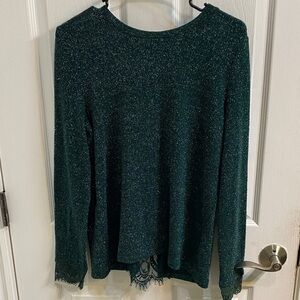 Suzy Shier Sparkly Metallic Green Lace Ribbon Holiday Party Sweater Size XS